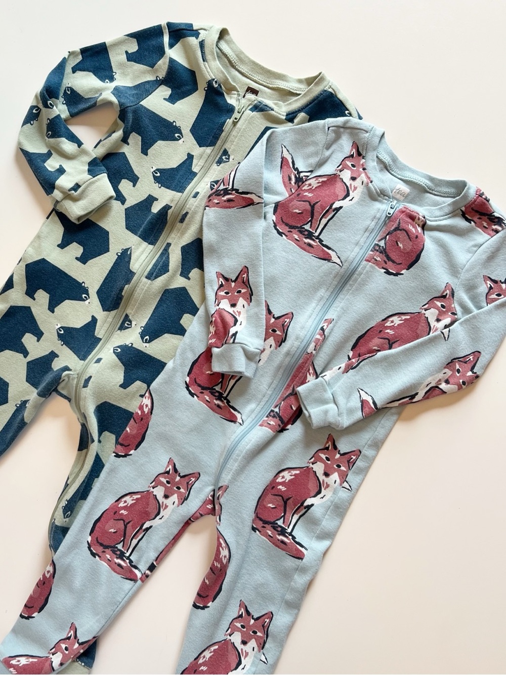 Tea Collection Set of 2 Kids Fox and Bear Print One Piece Zip Pajamas | 2T